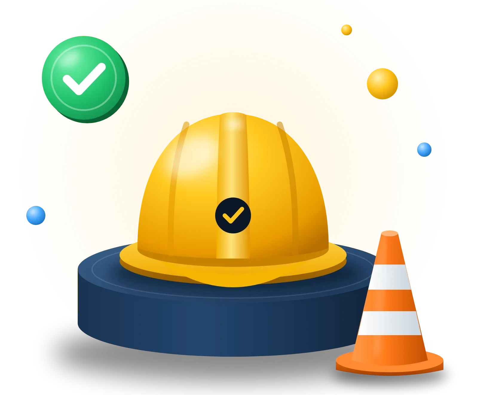 Casco de seguridad amarillo sobre un pedestal junto a un cono de obra y un sello de verificación